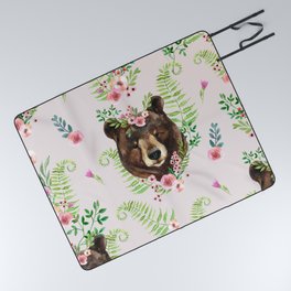 Cute watercolor bear portrait in floral wreath on wild flowers background Picnic Blanket