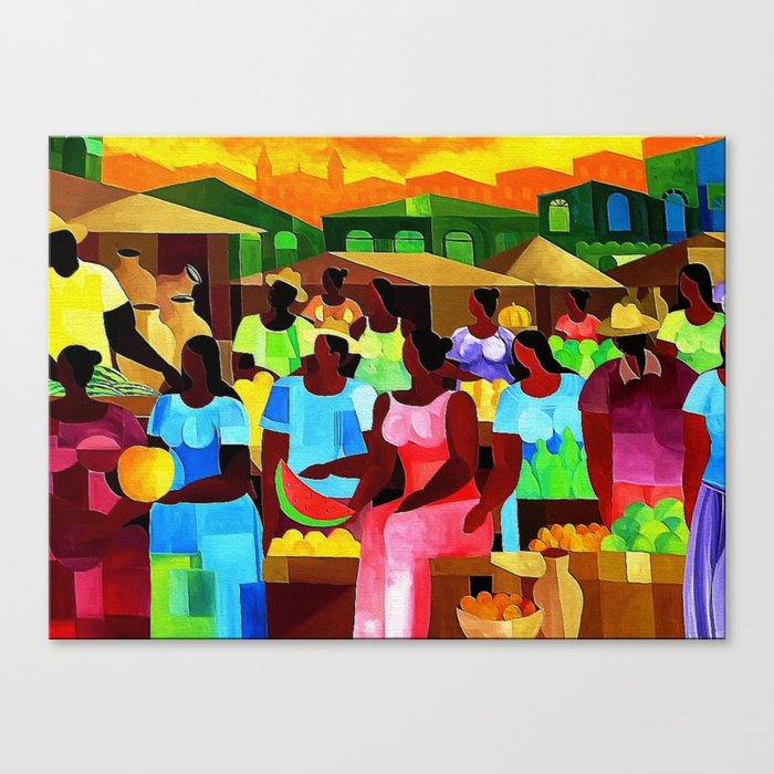 African American Saturday Farmer's Market street scene landscape painting for home and wall decor Canvas Print