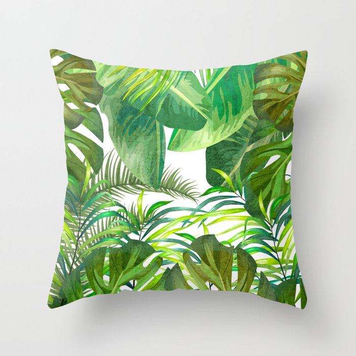 Tropical Leaf Pattern 02- Banana, Palm Leaf, Monstera Leaf - Green, Freshness, Tropical, Botanical Throw Pillow