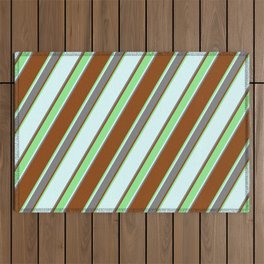 [ Thumbnail: Brown, Light Green, Light Cyan, and Grey Colored Lined Pattern Outdoor Rug ]