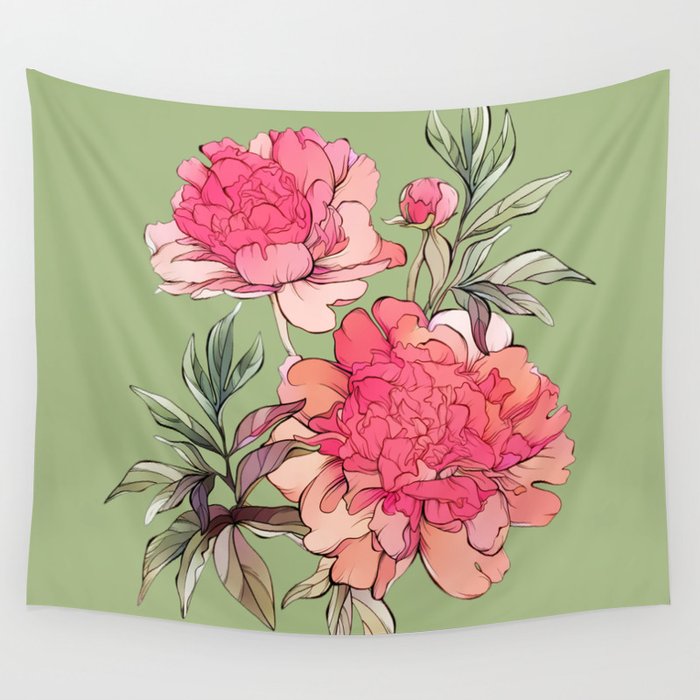 Peonia Flowers illustration Wall Tapestry