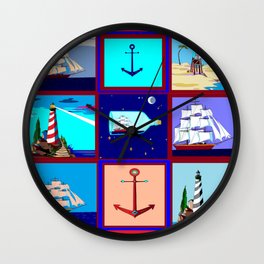 A Nautical Quilt with Ships, Lighthouses and Anchors Wall Clock