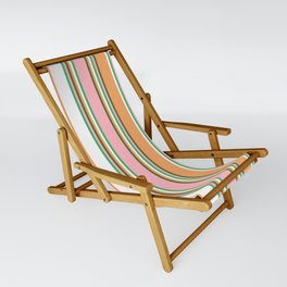 [ Thumbnail: Colorful Sea Green, Light Pink, Dark Olive Green, Brown, and White Colored Lines Pattern Sling Chair ]