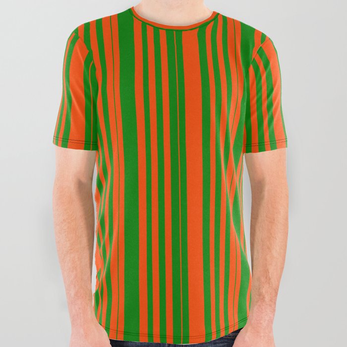 Red & Green Colored Pattern of Stripes All Over Graphic Tee