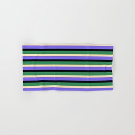 [ Thumbnail: Sea Green, Beige, Medium Slate Blue & Black Colored Lined Pattern Hand & Bath Towel ]