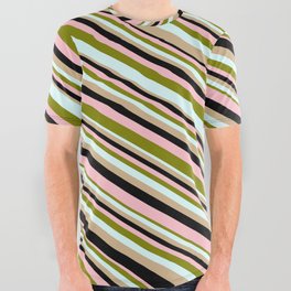 [ Thumbnail: Green, Light Cyan, Tan, Black, and Pink Colored Stripes Pattern All Over Graphic Tee ]