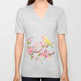 Watercolor Apple Blossoms and Love Birds V Neck T Shirt