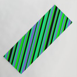 [ Thumbnail: Green, Medium Slate Blue, Lime & Black Colored Stripes/Lines Pattern Yoga Mat ]