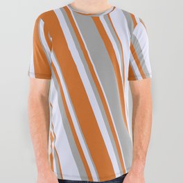 [ Thumbnail: Lavender, Chocolate, and Dark Gray Colored Pattern of Stripes All Over Graphic Tee ]