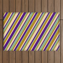 [ Thumbnail: Tan, Indigo, Dark Sea Green, and Dark Goldenrod Colored Stripes/Lines Pattern Outdoor Rug ]