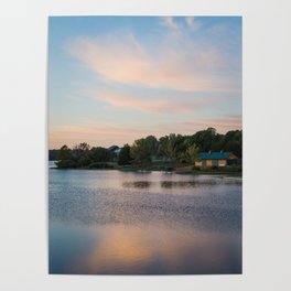 Morning Dew | Nature Landscape Photography of Peaceful Cabin by the Lake During Sunrise Poster