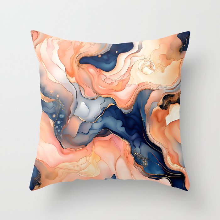 Fluid Art - Peach and Navy Blue Throw Pillow
