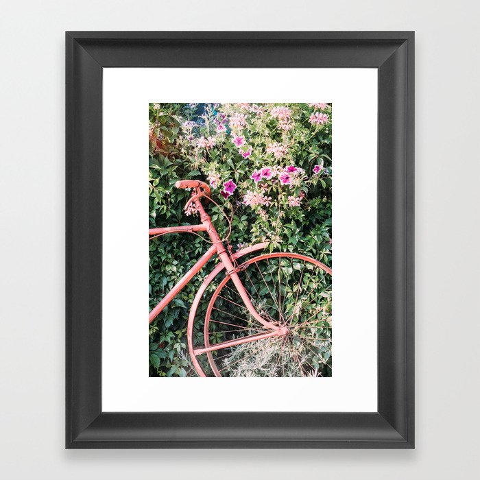 Vintage Pink Bicycle Against Purple Flower - Idyllic Framed Art Print