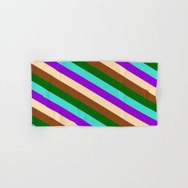 [ Thumbnail: Eye-catching Dark Green, Turquoise, Dark Violet, Tan, and Brown Colored Lines/Stripes Pattern Hand & Bath Towel ]