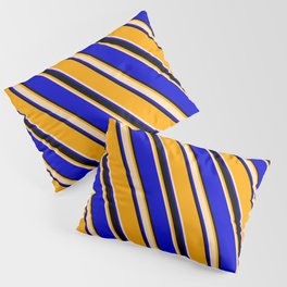 [ Thumbnail: Orange, Tan, Blue, and Black Colored Striped Pattern Pillow Sham ]