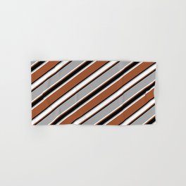 [ Thumbnail: Dark Gray, White, Sienna & Black Colored Pattern of Stripes Hand & Bath Towel ]