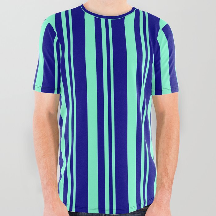 Blue & Aquamarine Colored Lines/Stripes Pattern All Over Graphic Tee