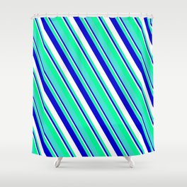 [ Thumbnail: Blue, White, Green, and Turquoise Colored Striped/Lined Pattern Shower Curtain ]