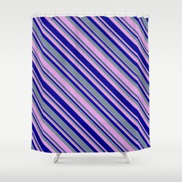 [ Thumbnail: Light Slate Gray, Plum, and Dark Blue Colored Lines/Stripes Pattern Shower Curtain ]