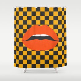 Funky pop-art sexy lips,  black yellow check. Shower Curtain