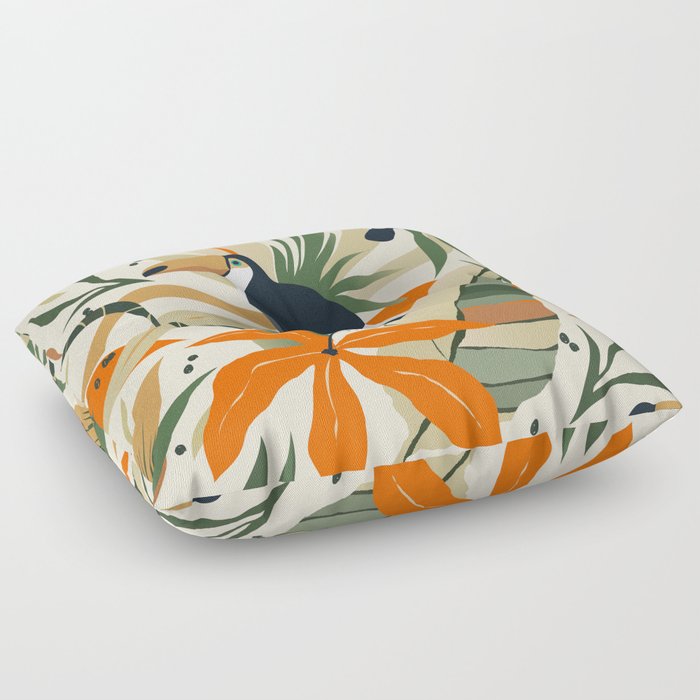 Modern exotic jungle plants illustration pattern with toucan bird Floor Pillow