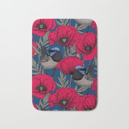 Fairy wren and poppies Bath Mat | Fairy, Wildflowers, Ink, Design, Floral, Flower, Botanical, Pattern, Nature, Wren 
