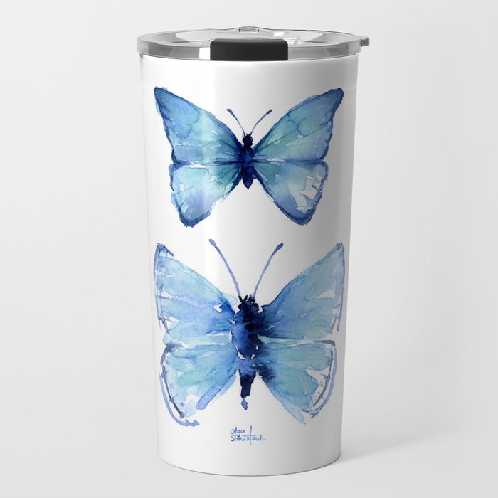 Two Blue Butterflies Watercolor Travel Mug