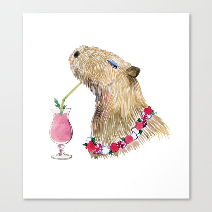 Capybara drinking strawberry milk cocktail Canvas Print