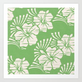 Hawaiian Block Print / Hibiscus Flowers in Cream and Bud Green Art Print