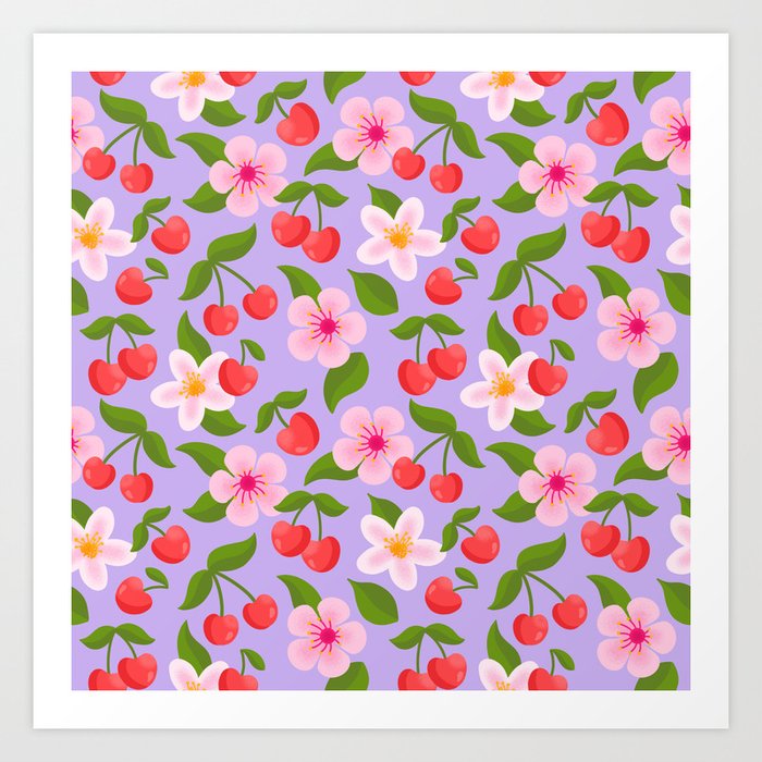 Cherry Pattern on Lavender Art Print