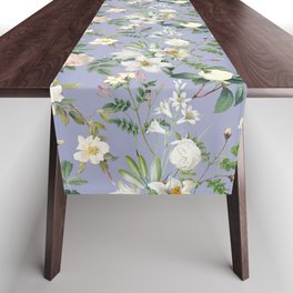 White Flowers Vintage Botanical Illustration Collage on the  light pastel  purple color Table Runner