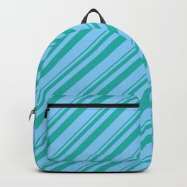 [ Thumbnail: Light Sea Green & Light Sky Blue Colored Striped Pattern Backpack ]