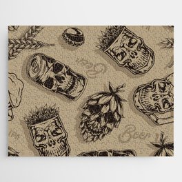 Beer vintage monochrome seamless pattern with mugs cups aluminum cans hop cones in skull shapes vintage illustration Jigsaw Puzzle
