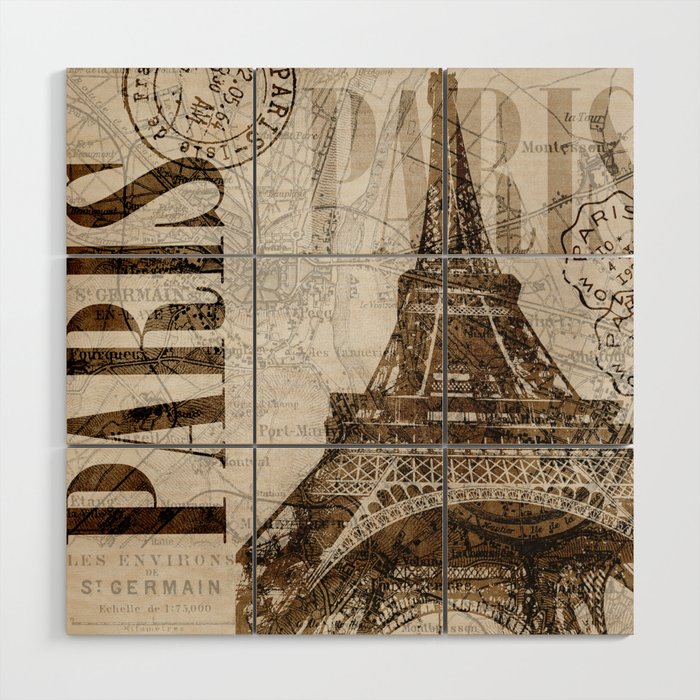 Vintage Paris eiffel tower illustration Wood Wall Art