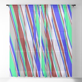 [ Thumbnail: Green, Blue, Lavender, Dark Red, and Dark Gray Colored Stripes Pattern Sheer Curtain ]