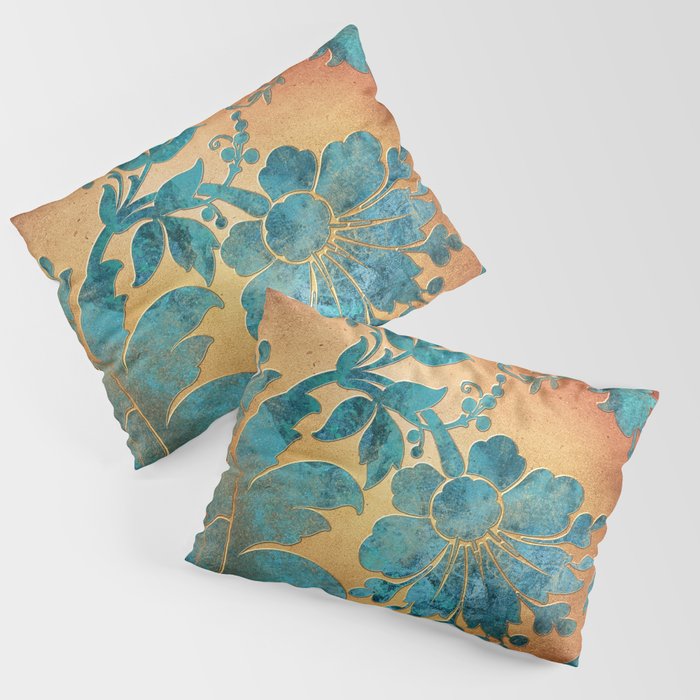 Teal and Rust, Flourish, Damask, Blue, Copper, Floral Pillow Sham