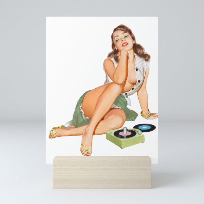 Vintage Pin Up Girl With Two Vinyls, A Green Skirt And Red Nails Mini Art Print