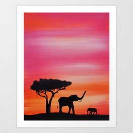 African Sunset Safari Elephant Silhouette Painting Art Print By