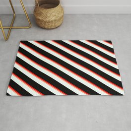 [ Thumbnail: Red, Light Salmon, Mint Cream, and Black Colored Pattern of Stripes Rug ]