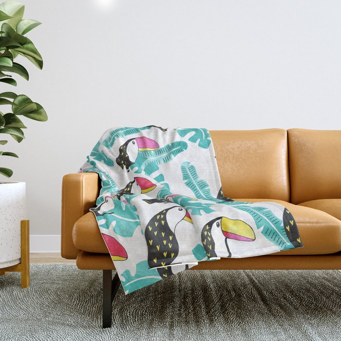 Watercolor toucan and leaves Throw Blanket