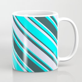 [ Thumbnail: Cyan, Dark Slate Gray & Lavender Colored Striped Pattern Coffee Mug ]