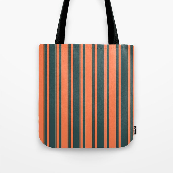 Coral and Dark Slate Gray Colored Striped/Lined Pattern Tote Bag