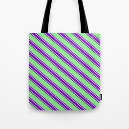 [ Thumbnail: Light Green & Dark Violet Colored Lines/Stripes Pattern Tote Bag ]