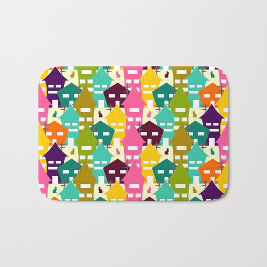 Colorful houses and cats Bath Mat