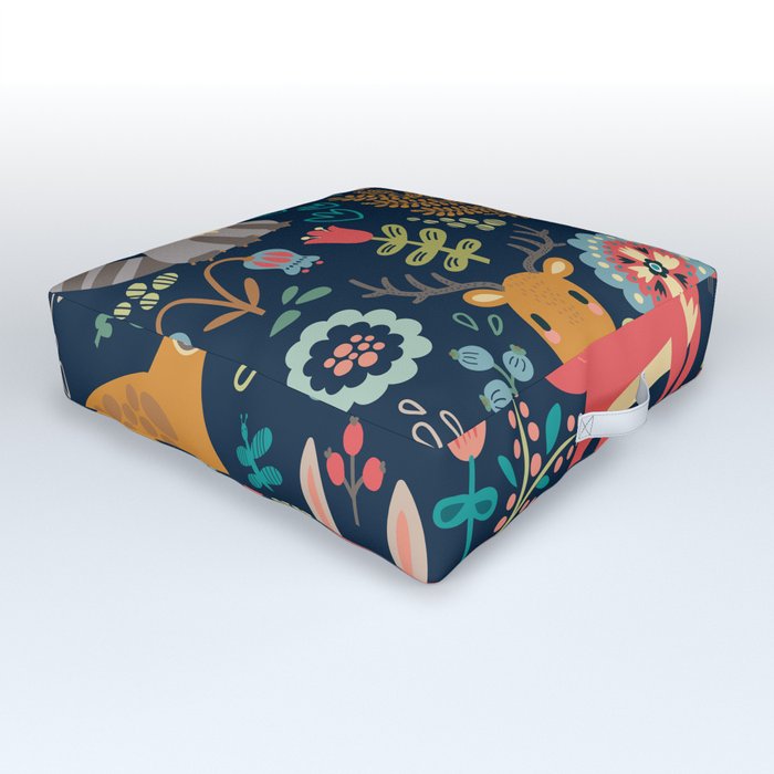 Blue Woodland Critters Pattern Outdoor Floor Cushion