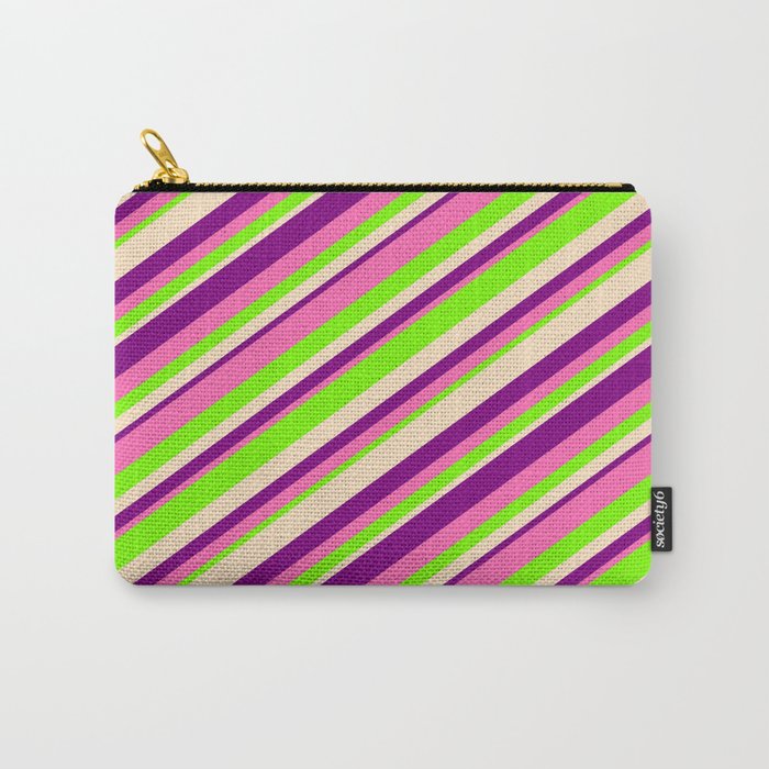 Purple, Hot Pink, Green & Bisque Colored Lined Pattern Carry-All Pouch