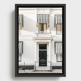 Black door with striped awnings. Minimalistic print - fine art photography Framed Canvas