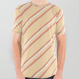 [ Thumbnail: Tan, Dark Salmon & Mint Cream Colored Lines Pattern All Over Graphic Tee ]