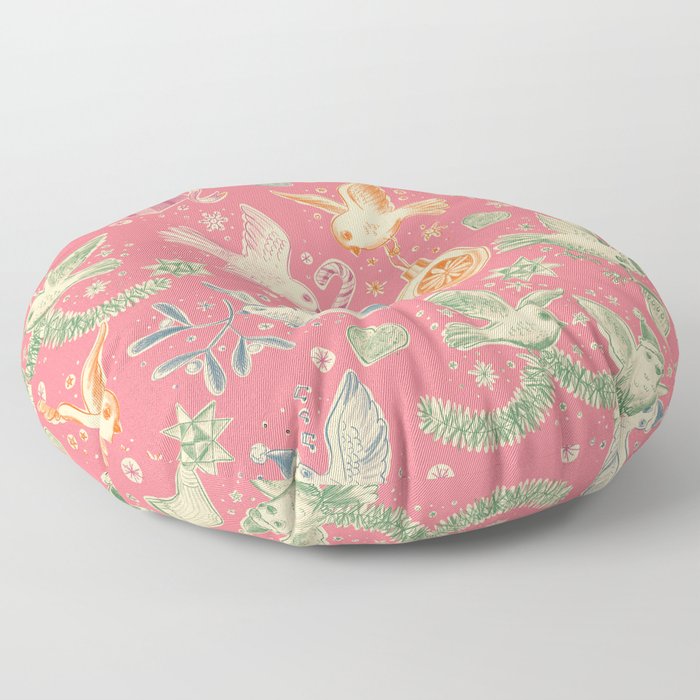 Busy Retro Christmas Birds Pink Floor Pillow