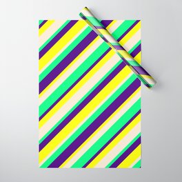 [ Thumbnail: Indigo, Yellow, Beige & Green Colored Pattern of Stripes Wrapping Paper ]